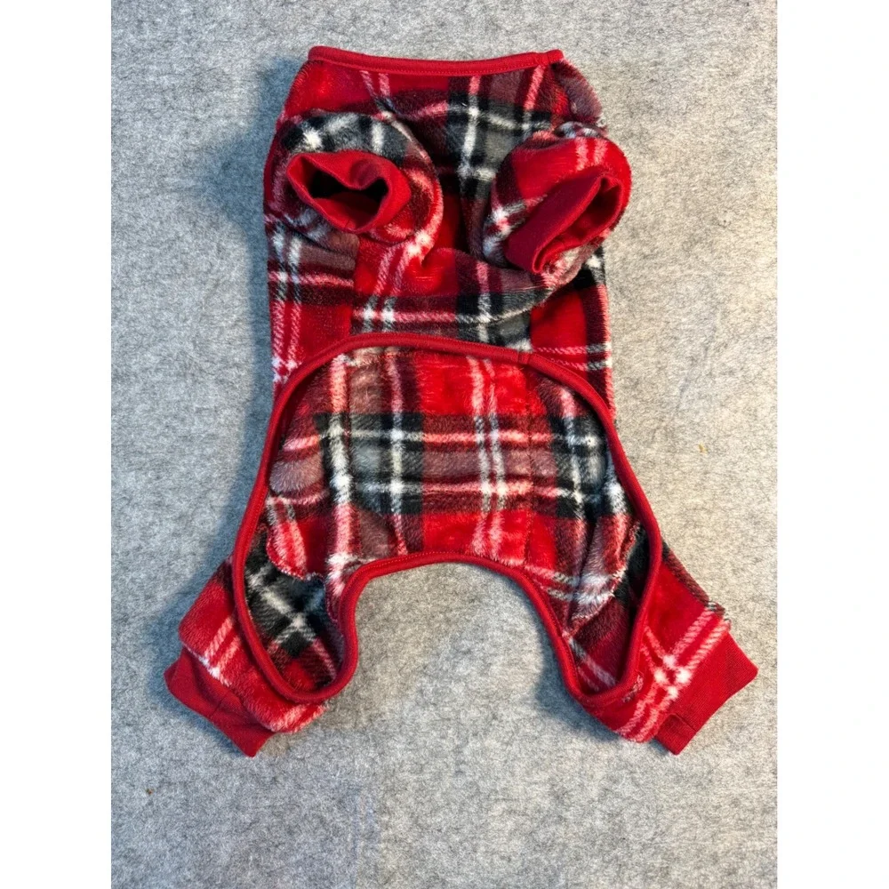 Red Plaid Fleece Dog Pajamas Medium Soft Warm‎ Pet One-Piece Sleepwear PJs